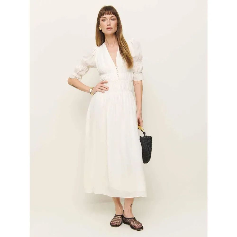 Reformation Women's V-neck Puff Sleeve Layered Chiffon Cyrus Dress Ivory Size 6